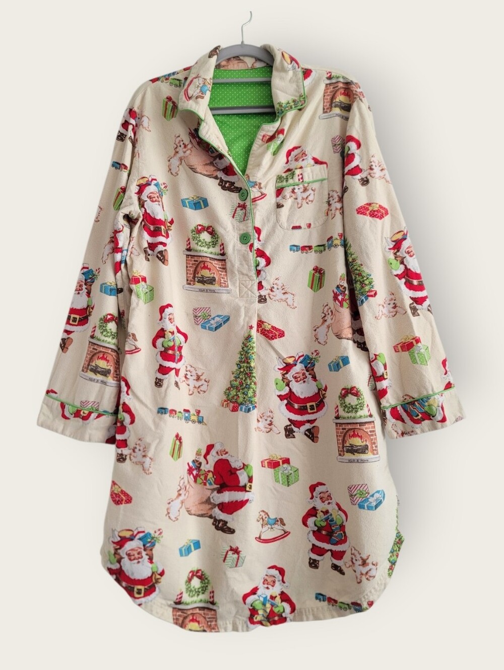 Nick & Nora Flannel Shirt Dress Vintage Santa Nightgown Christmas Holiday